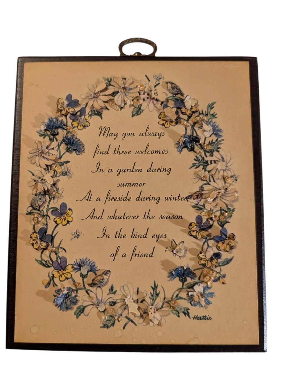 Vintage Handcrafted Dolores Strasen 2d Floral Poem Wood Wall Plaque 5.5x6